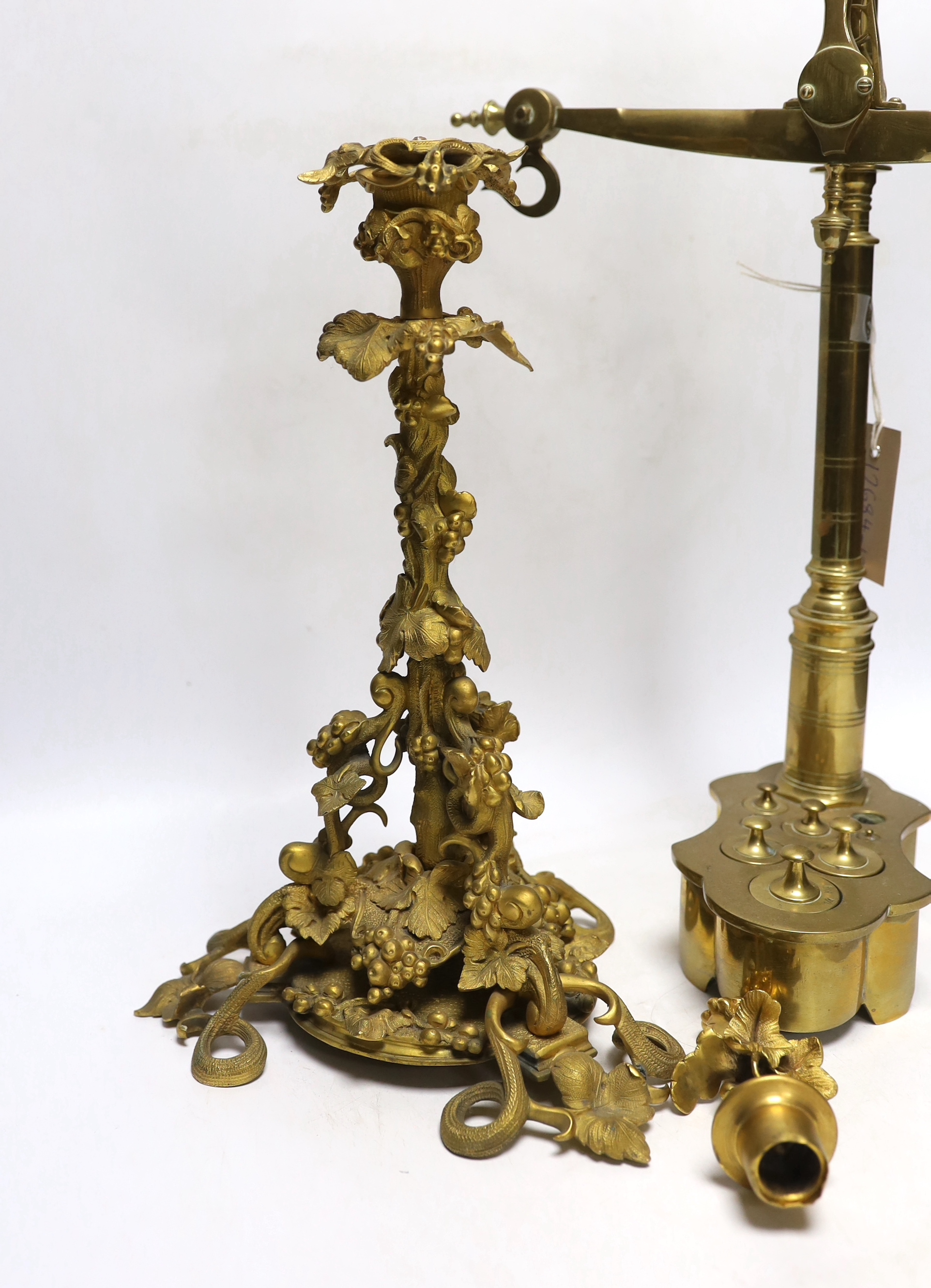 Set of vintage brass scales and a gilt metal grapevine column centrepiece